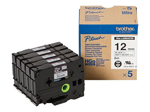 Brother HGEM931V5 - Schwarz auf Silber - Rolle (1,2 cm x 8 m) 5 Rolle(n) laminiertes Band