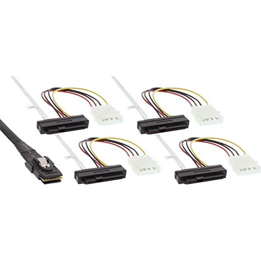 InLine SAS Anschlusskabel, Mini-SAS SFF-8087 an 4x SAS + Strom, SAS HDD an Controller, 0,75m mehrfarbig