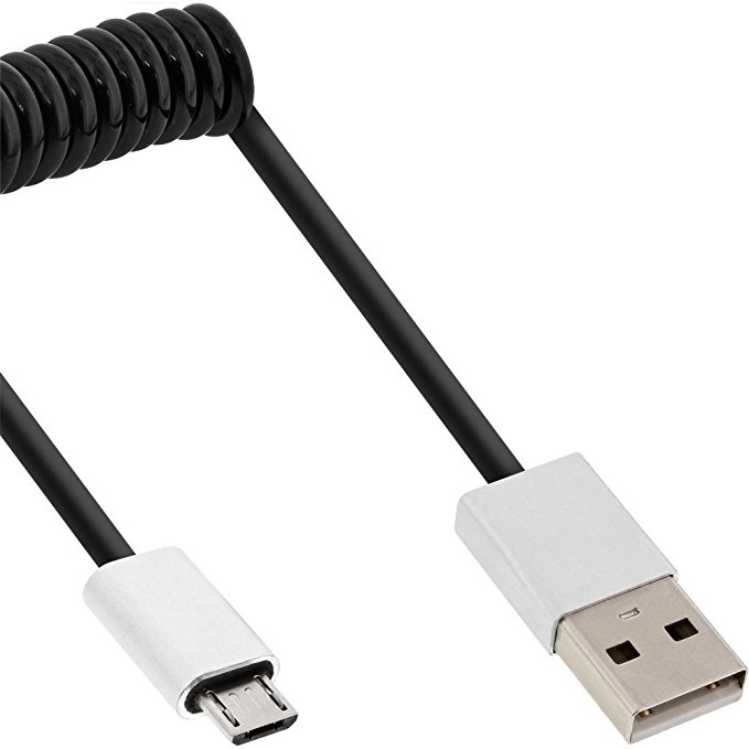 InLine Micro-USB 2.0 Spiralkabel, USB-A Stecker an Micro-B Stecker, schwarz/Alu, flexibel, 1m schwarz